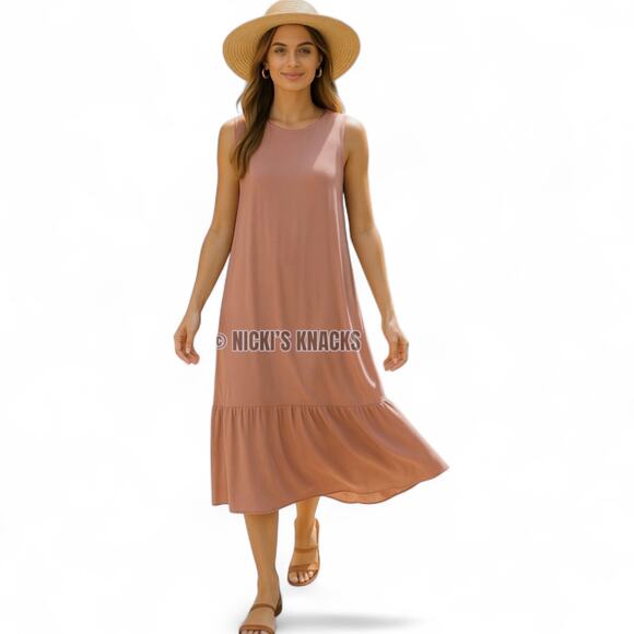Blush Pink Sleeveless Midi Dress Shift Style Ruffle Hem Lagenlook Cottagecore L - Picture 6 of 8